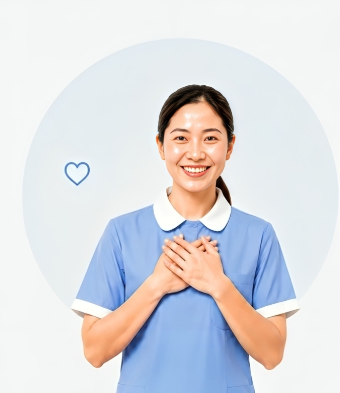 Ming Hwee consultant with her hands over her heart, thanking you for your enquiry
